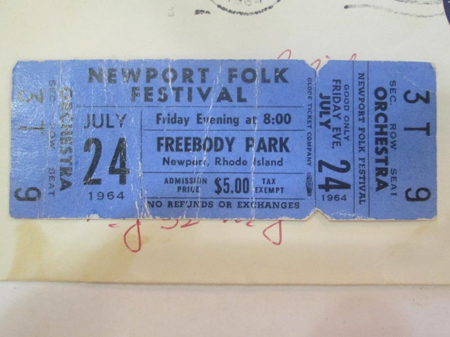 Original 1964 Newport Folk Festival unused Concert Ticket Bob Dylan Joan Baez