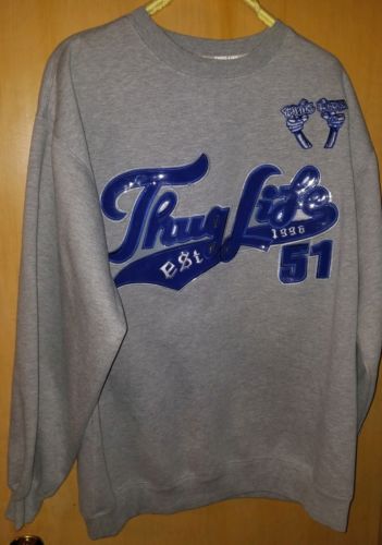 VINTAGE 1996 THUG LIFE 51 Revolution Grey Sweatshirt ROYAL Blue Letter Mens L