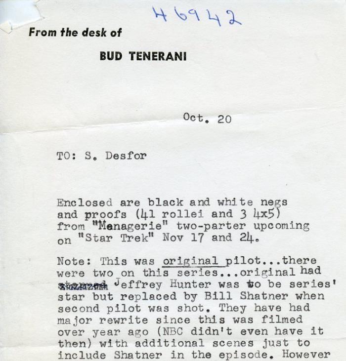 STAR TREK PILOT THE MENAGERIE RARE ORIGINAL 1966 NBC TV INTER OFFICE MEMO