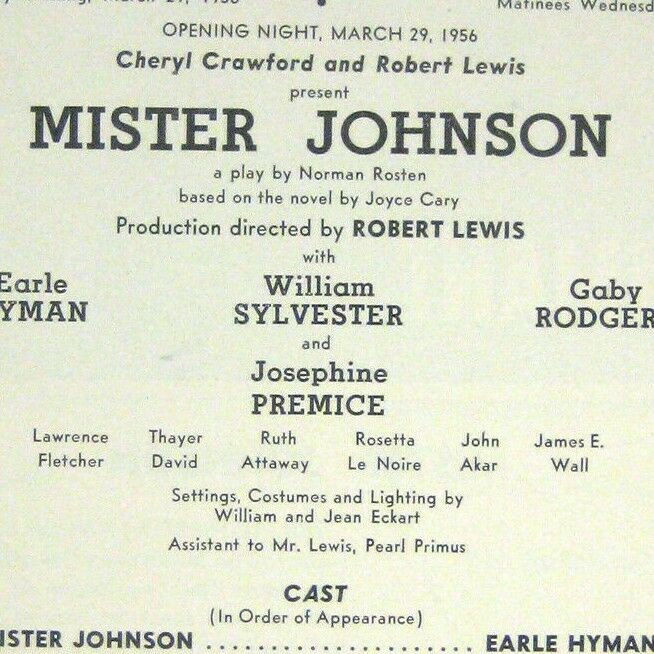 Mister Johnson Playbill Opening Night March 29 1956 Gaby Rodgers Premice
