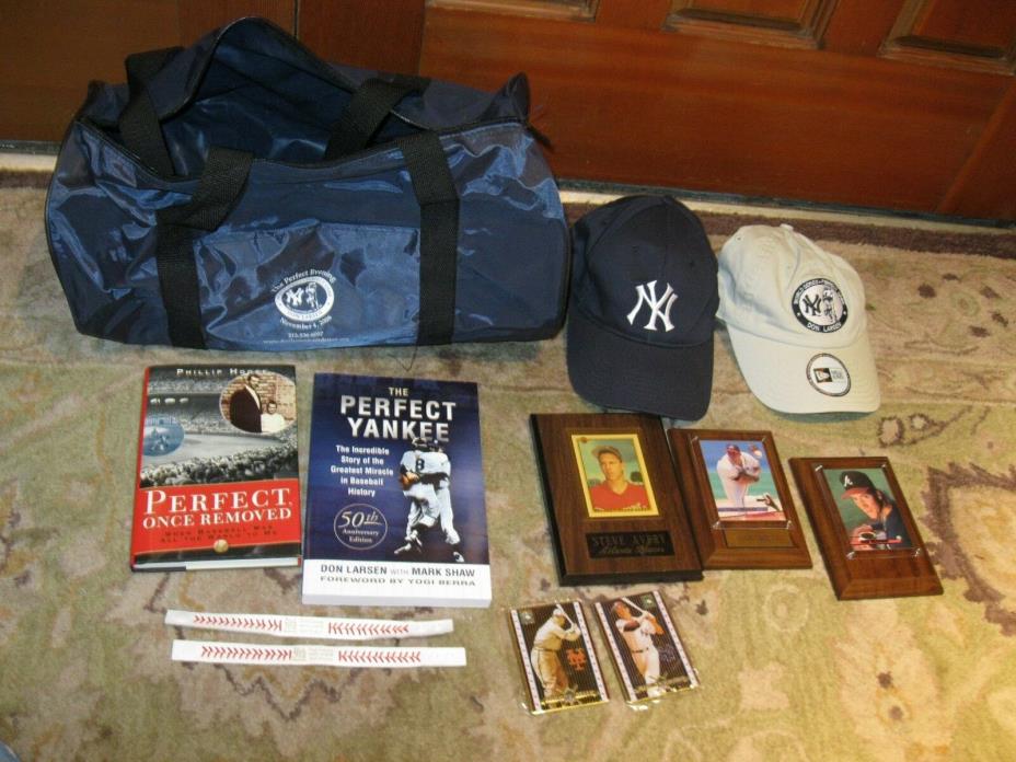 Lot of Don Larson Hats Books Plaques and Bag