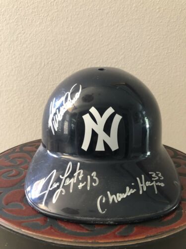 Jim Leyritz, John Wettland, & Charlie Hayes NY Yankees signed replica helmet