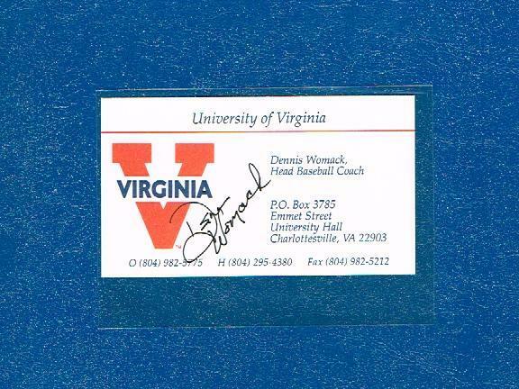 Dennis Womack Signed Business Card Virginia Baseball Coach Auto