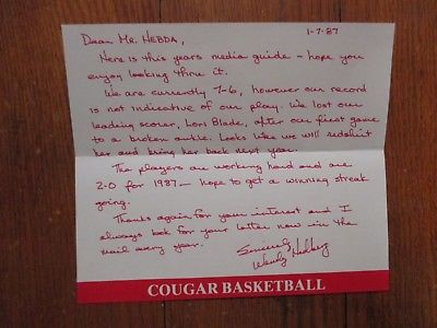 WENDY HEDBERG Signed 1987 Letter Southern Illinois Women's Basketball Head Coach