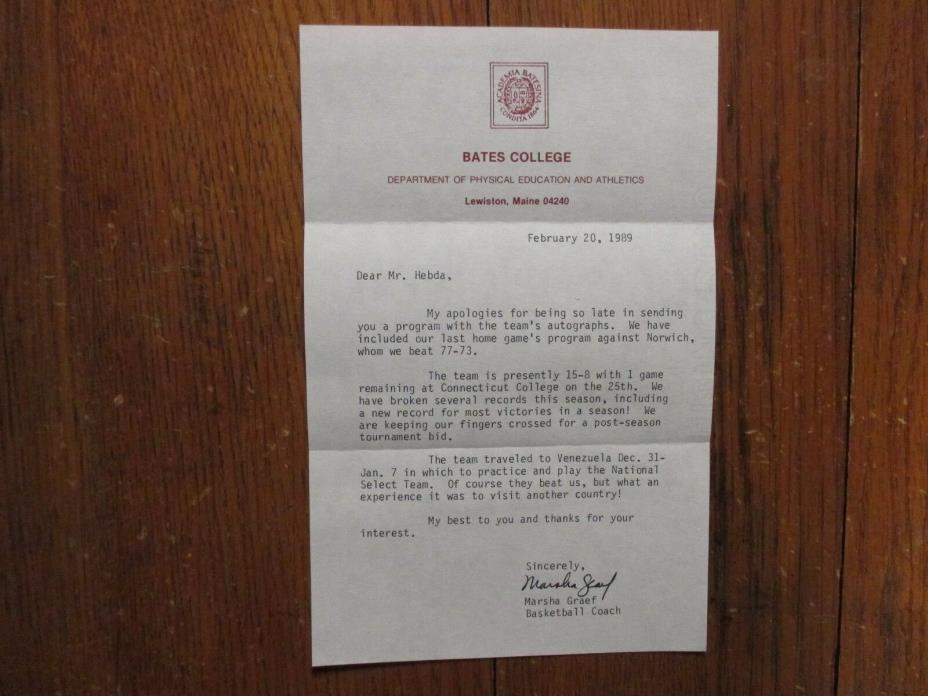 MARSHA GRAEF(Died-'15)Signed 1989 Personal Letter-Bates College Basketball Coach