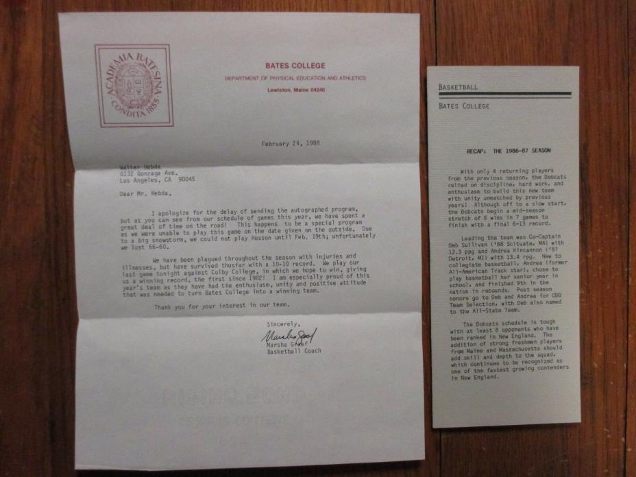 MARSHA GRAEF(Died-'15)Signed 1988 Personal Letter-Bates College Basketball Coach