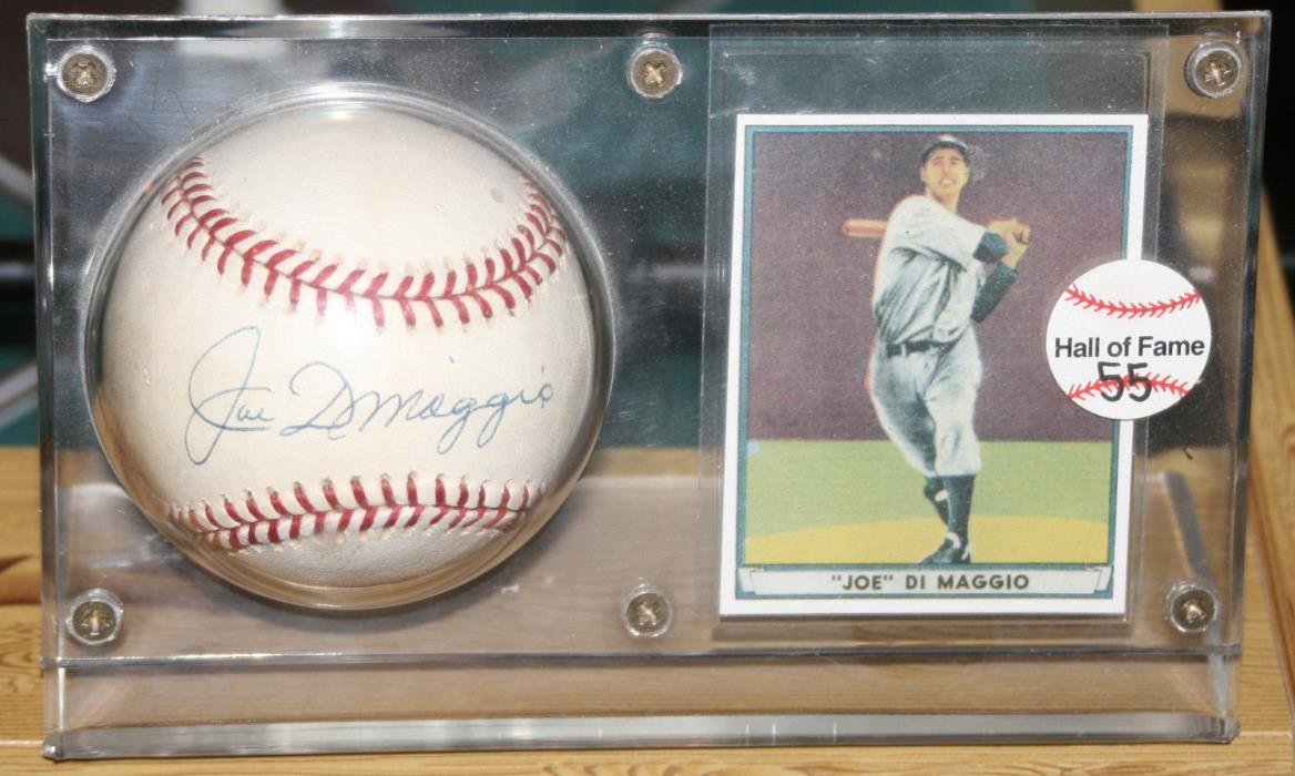 BASEBALL AND CARD HOLDER AND DIMAGGIO CARD