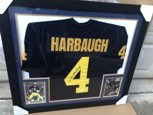 JIM HARBAUGH FRAMED AUTOGRAPHED MICHIGAN JERSEY w/ JSA COA - Free Shipping