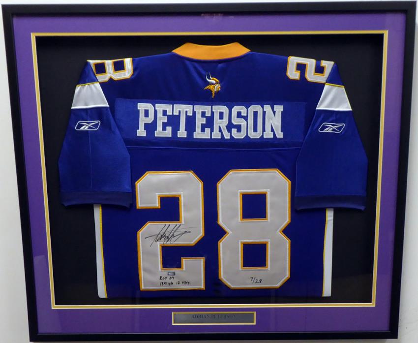 Vikings Adrian Peterson Autographed Signed Framed Jersey With Stats A032121