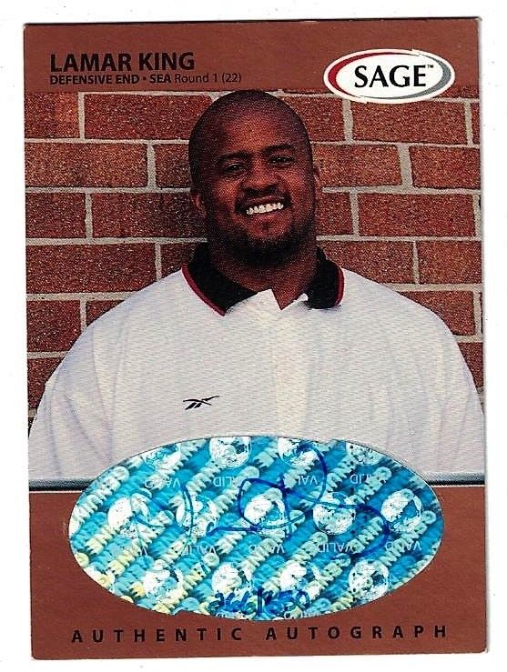 1999 SAGE LAMAR KING DE SEAHAWKS DRAFT SIGNED #266 OF 650 NFL FOOTBALL CARD
