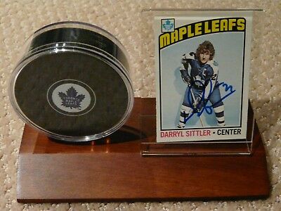 Darryl Sittler Toronto Maple Leafs Autographed Card with Puck in Wood holder