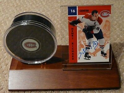 Henri Richard Montreal Canadiens Autographed Card with Puck in Wood holder
