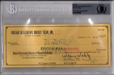 BECKETT-BAS BILL-WILLIAM WIRTZ & RUDY PILOUS SIGNED 1962 BLACKHAWKS CHECK #5500