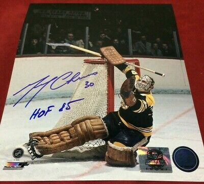 GERRY CHEEVERS BIG SAVE PUCK FACE SIGNED 8X10 PHOTO BOSTON BRUINS .