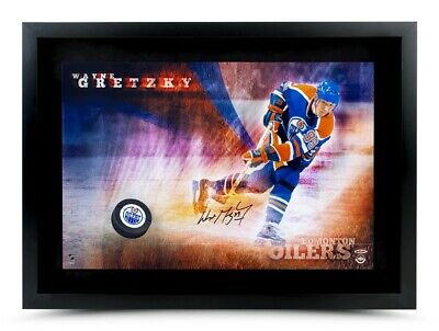 Wayne Gretzky Autographed 16X24 Photo Puck Slap Shot Breaking Through Oilers UDA