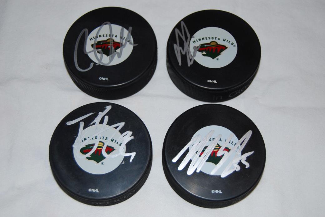 Lot of 4 Minnesota Wild Autographed Hockey Pucks - Rolston / Bouchard / Lemaire