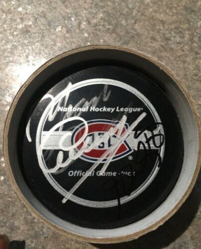 Yvan Cournoyer Henri Richard Signed Game Puck Auto Montreal Canadiens