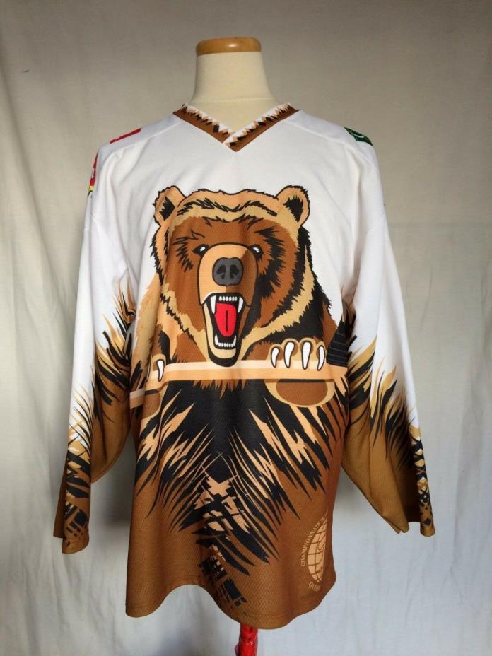 ProJoy Mens Hockey Jersey Large Grizzly Bear Print White Brown #02 Canada Made