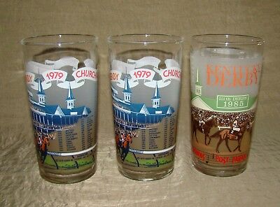 3 Vtg Kentucky Derby Churchill Downs Horse Race 1979 1985 Barware Glass Glasses