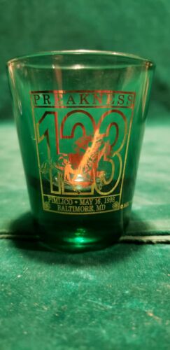 PREAKNESS 123 SHOT GLASS 1 1/2 OUNCE GREEN GOLD LOGO NEW 1998 PIMLICO