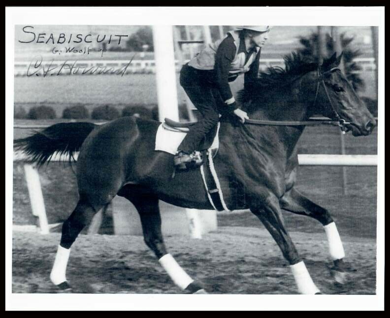 SEABISCUIT & GEORGE WOOLF DURING A WORKOUT - 8X10 HORSE RACING PHOTO!