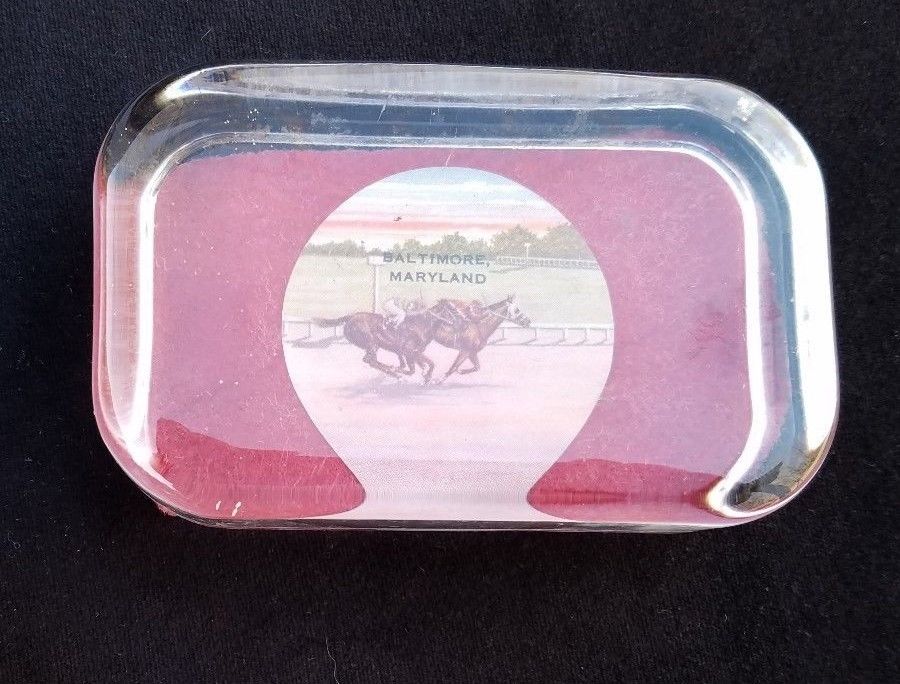 Vintage Souvenir Glass Paperweight Baltimore Maryland Horse Racing Track Horse