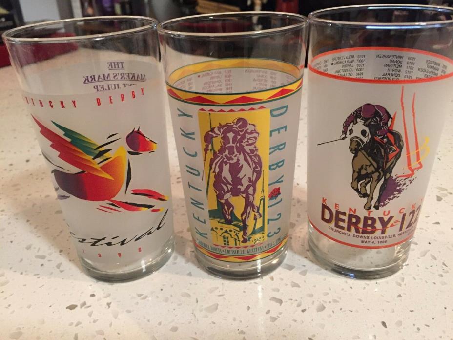 1996-98  KENTUCKY DERBY Churchill Downs Frosted Tumbler Lot, Glasses (3)