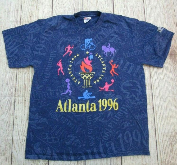 RARE VTG 1996 Atlanta USA Olympics All-Over Print Hanes Blue T-Shirt Men's Large