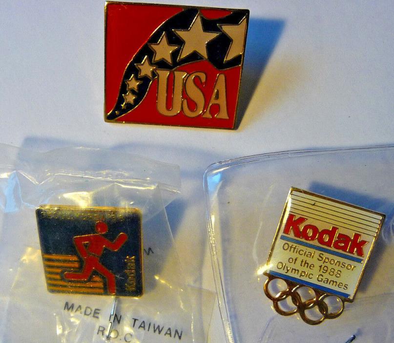 1988 Olympics Kodak and USA Lapel Pin Lot of 3