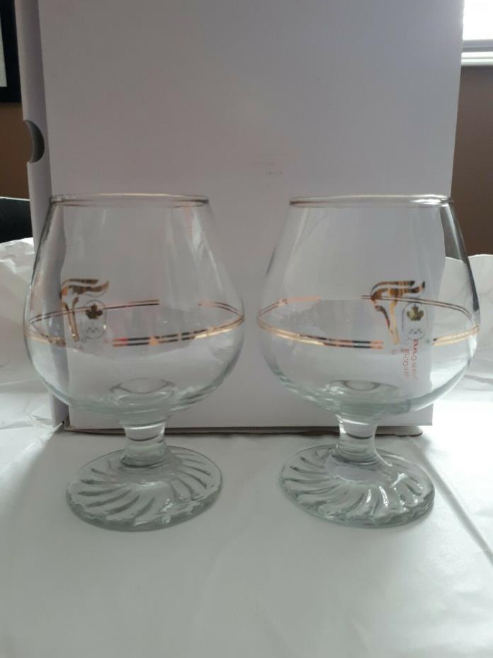 1988 Calgary Olympic Glasses Petro Canada 22K Gold Set of 2 brandy glasses.