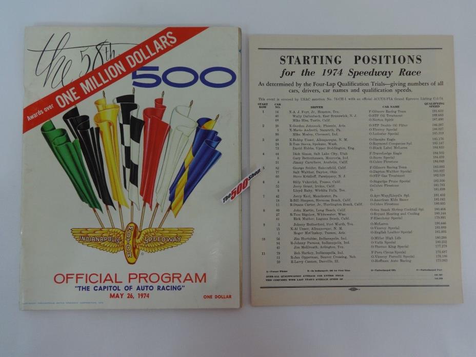 1974 Indianapolis 500 Program With Starting lineup Johnny Rutherford McLaren
