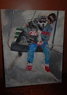 Downhill Skiing, Original Oil Painting: Scott Kennett and his Malamute Zudnick