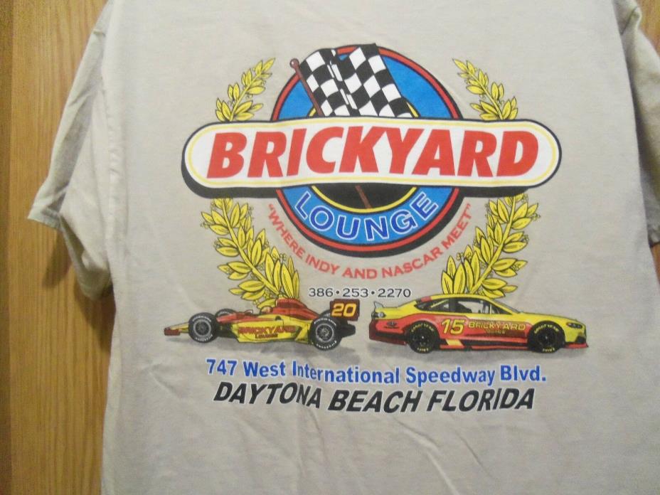 Brickyard Lounge tan graphic Daytona L t shirt where INDY n NASCAR meet