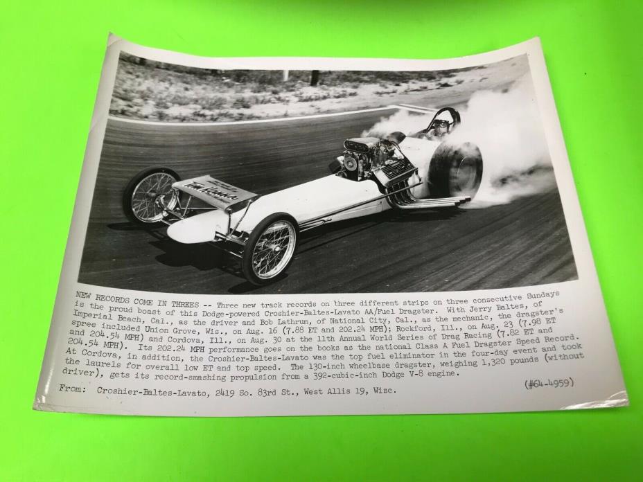 VINTAGE ORIGINAL 1960'S CROSHIER-BALTES-LAVATO AA/FUEL DRAGSTER PHOTO 8