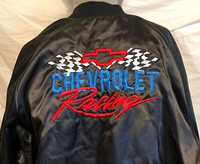 VTG Chevrolet Racing Black Jacket Sz XL Chevy Checkered Flags Logo USA Made Race