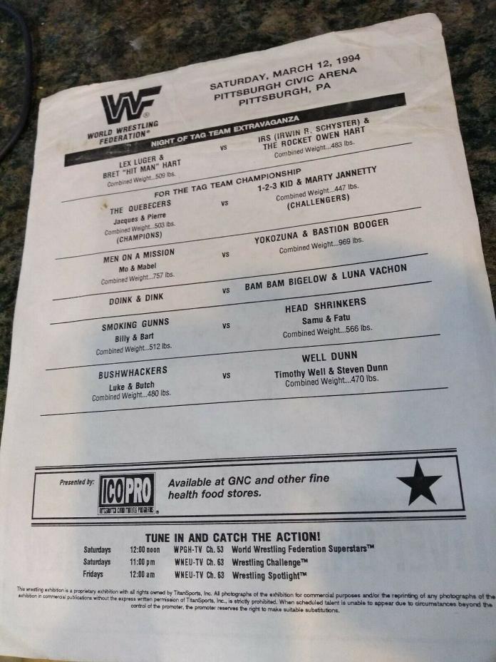 OFFICIAL VINTAGE WWF MATCH CARD LIST FROM 1993 HOUSE SHOW PITTSBURGH ARENA BRET
