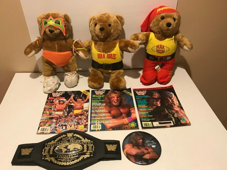 Vintage WWF WWE Hulk Hogan + Ultimate Warrior teddy bears,championship belt more
