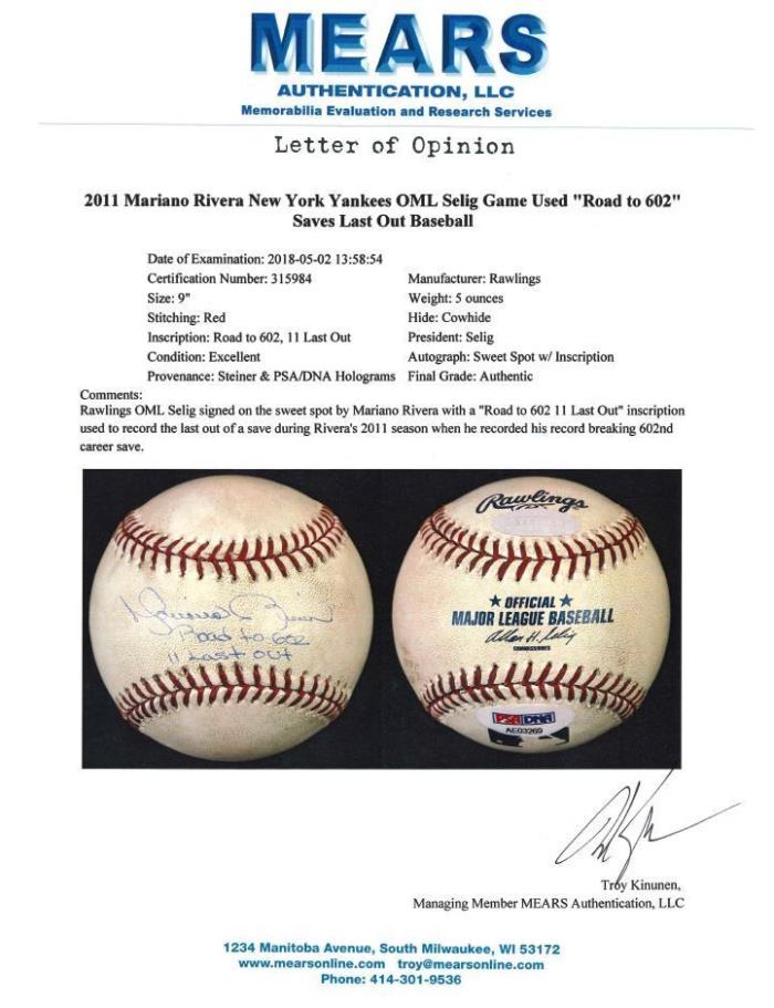 Mariano Rivera Game Used Signed Save Baseball Pitched Last Out! Must Read! COA!