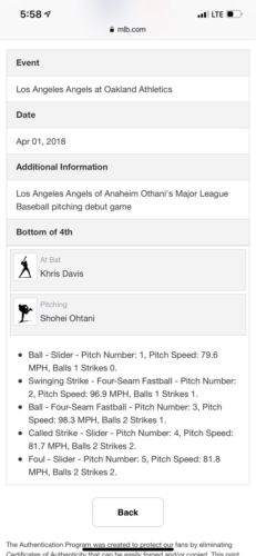 Shohei Othani's Major League Baseball pitching debut game Pitched Ball