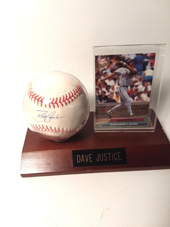 Dave Justice Sighned Baseball And  Card With Wooden Plack