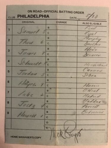 5/23/1989 Philadelphia Phillies Game-Used Lineup Card MIKE SCHMIDT Final RBI