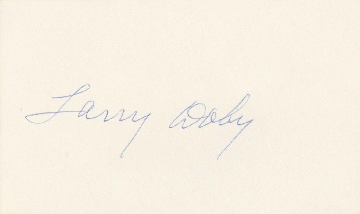 LARRY DOBY SIGNED INDEX CARD CLEVELAND INDIANS #14 OUTFIELDER HOF 1998