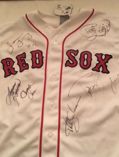 Boston Red Sox Dustin Pedroia jersey signed by band members of STYX, BNWT, Rare!