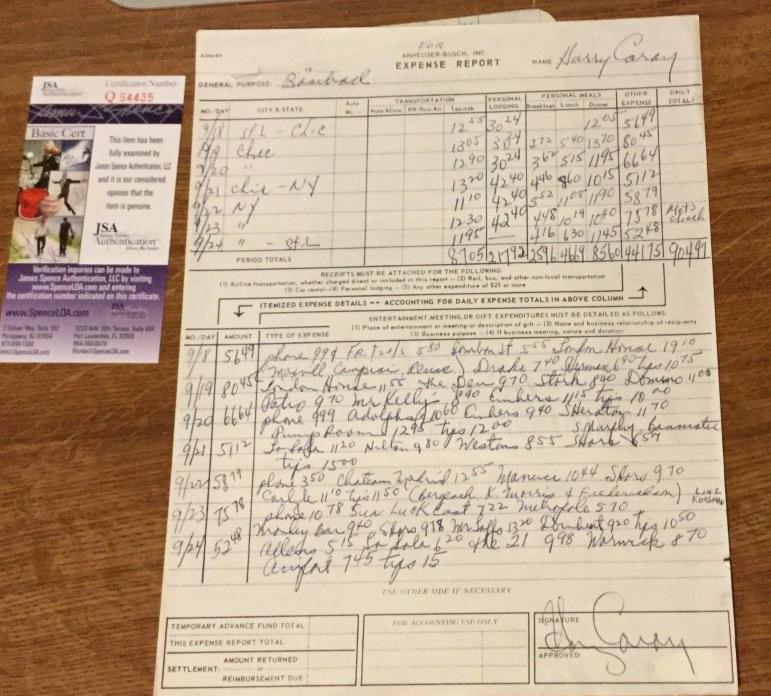 Harry Caray autographed expense report from 1969 JSA authenticated Chicago Cubs!