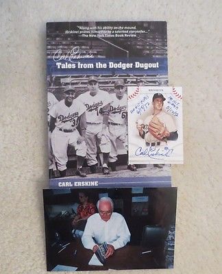 CARL ERSKINE. BROOKLYN DODGERS. AUTOGRAPH.  BOOK AND TRADING CARD. W/ PHOTO.