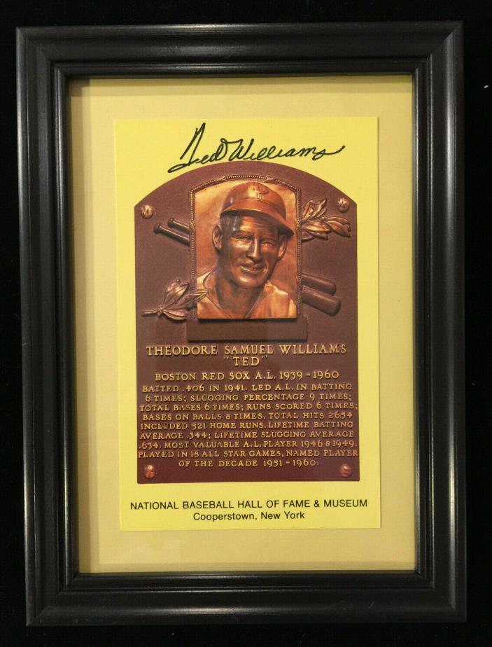 Ted Williams Baseball Hall Of Fame Plaque Postcard Auto Signed W/ Frame