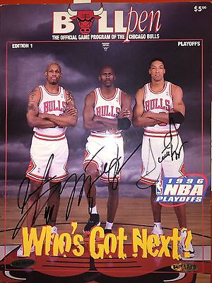 Jordan Pippen Rodman signed 1996 Chicago Bulls Playoff Program UDA & PSA