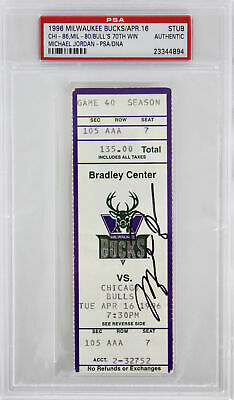 Bulls Michael Jordan Signed April 16th, 1996 Ticket Stub 70th Win PSA Slabbed