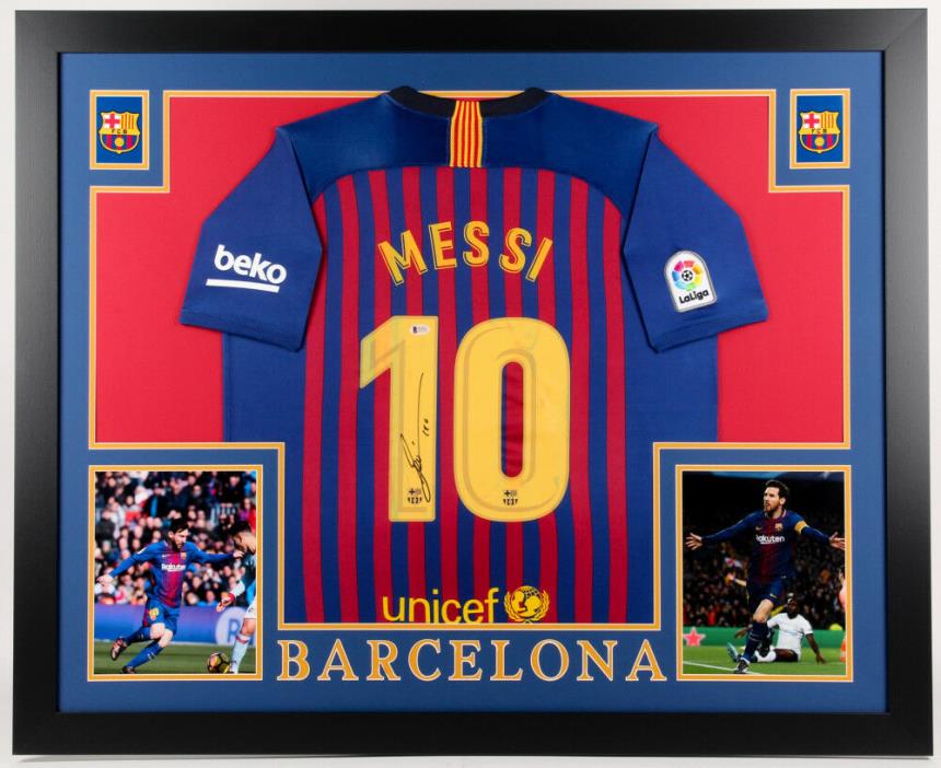 Lionel Messi Signed Barcelona 35x43 Custom Framed Jersey Display Beckett COA
