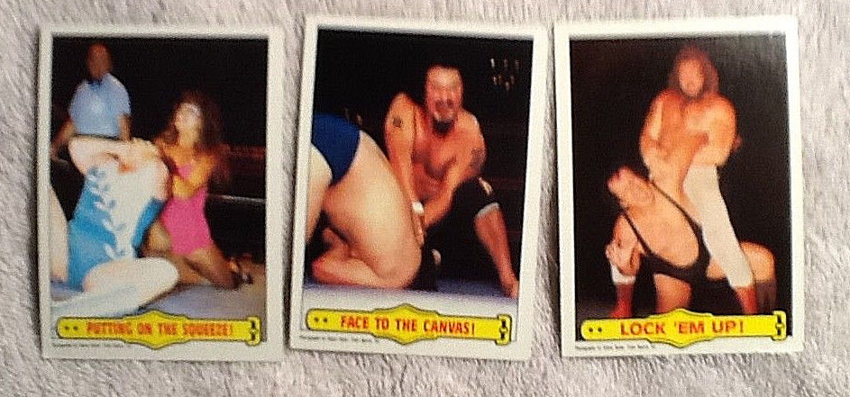 Lot of 3 Topps 1985 WWF Pro Wrestling Cards Studd/Strongbow Fuji Richter/Moolah